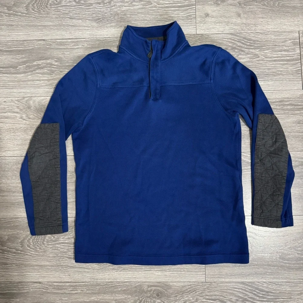 Banana Republic Men Blue Elegant High Neck 1/4-Zip Pullover with Gray Accents L